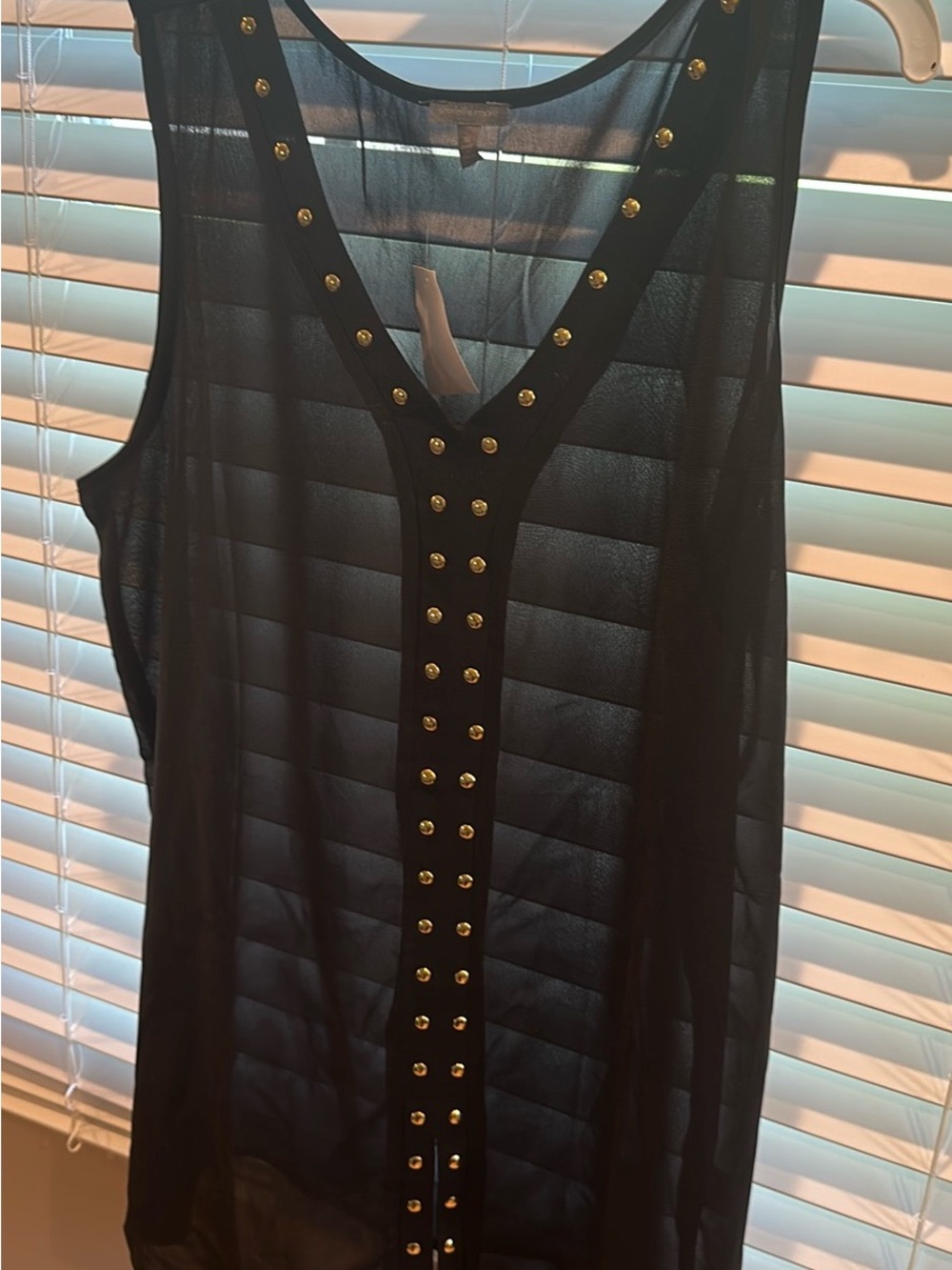 Sheer Sleeveless Black Stud-Trim V-Neck Top very sheer